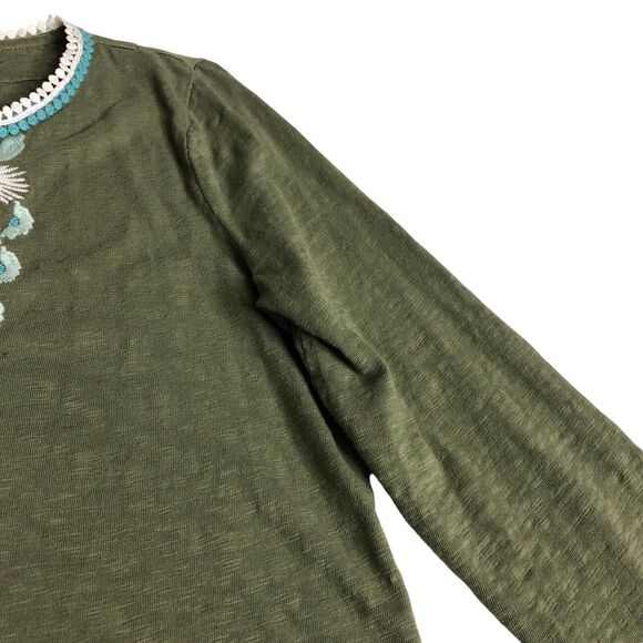 Talbots Top Womens XS Green Embroidered Tunic Split Neck 3/4 Sleeve Tassel Boho - Picture 3 of 11